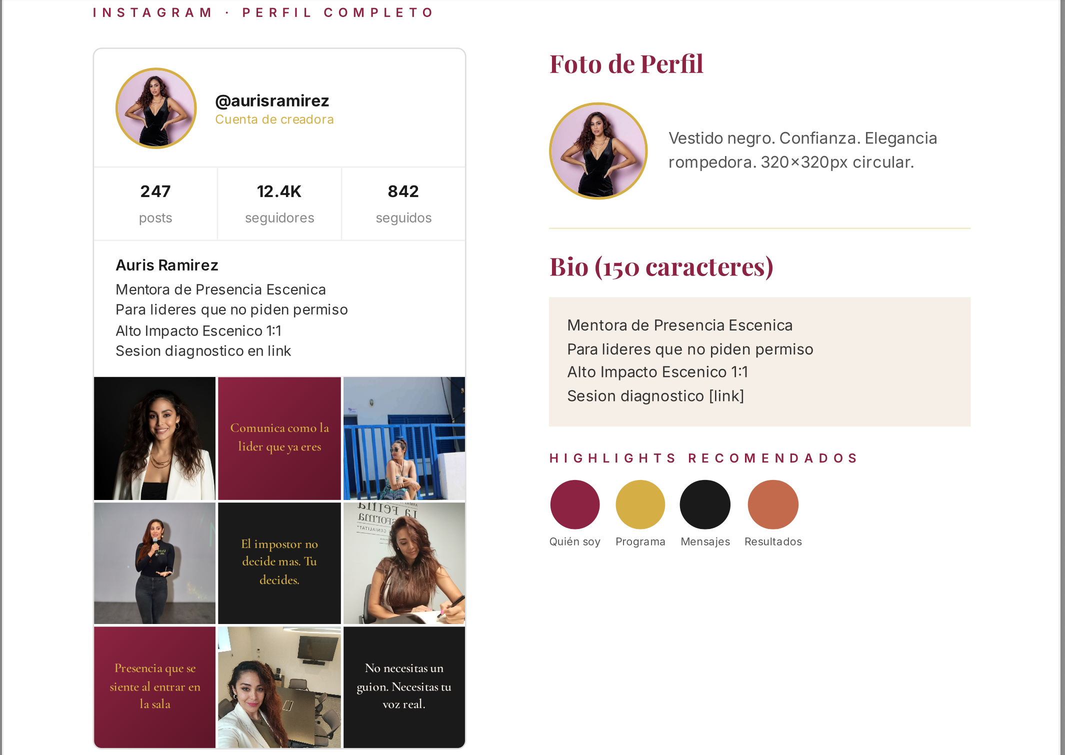 Perfil Instagram de Auris Ramírez después de MAXAÉ — Feed de autoridad con identidad visual coherente