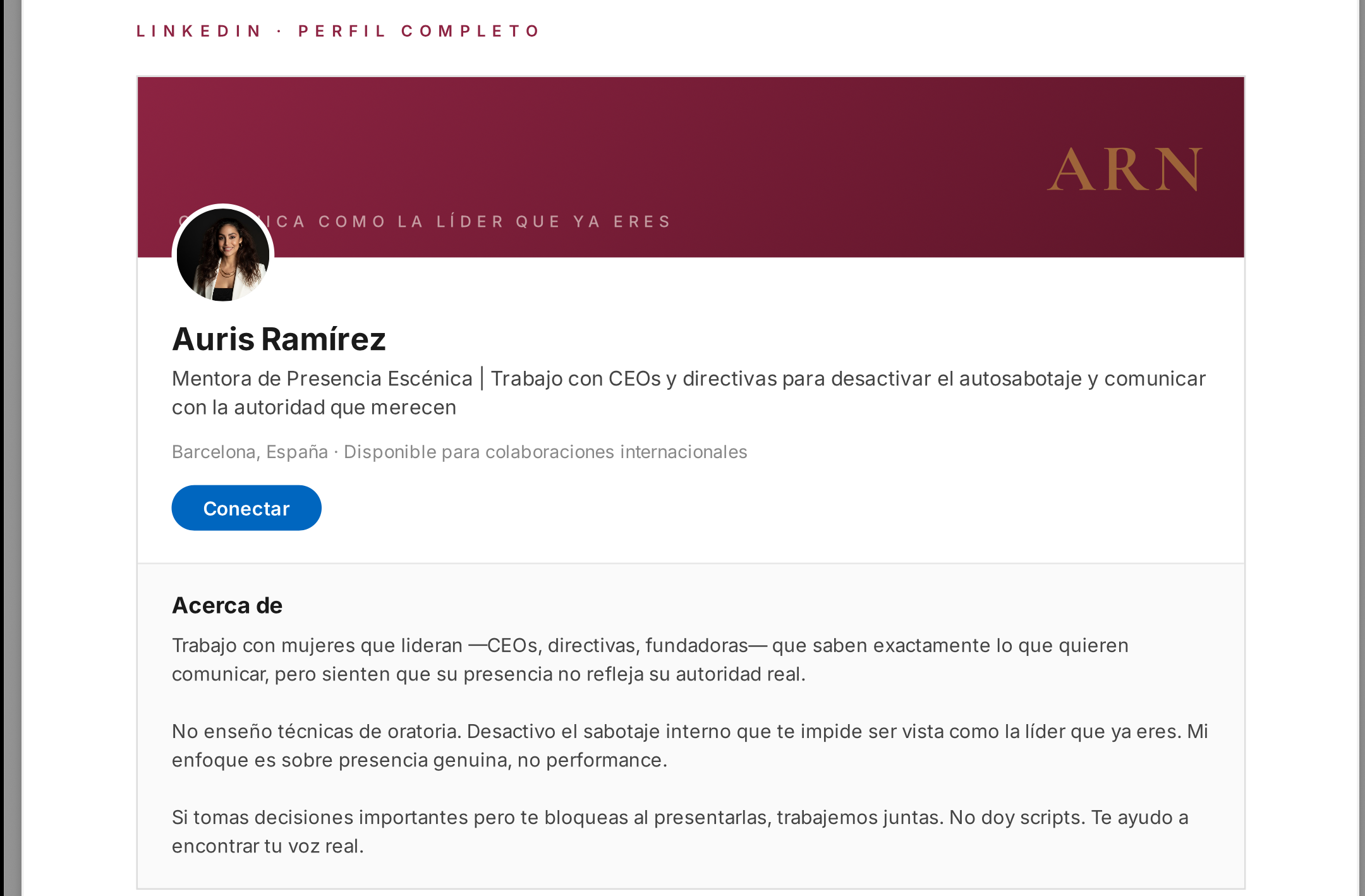 Perfil LinkedIn de Auris Ramírez después de MAXAÉ — Mentora de Presencia Escénica, monograma ARN