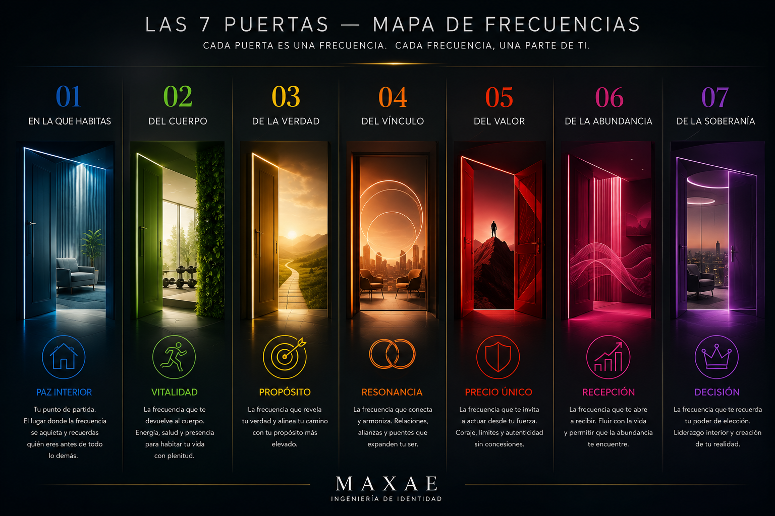 Las 7 Puertas — Mapa de Frecuencias MAXAÉ: Paz Interior, Vitalidad, Propósito, Resonancia, Precio Único, Recepción, Decisión